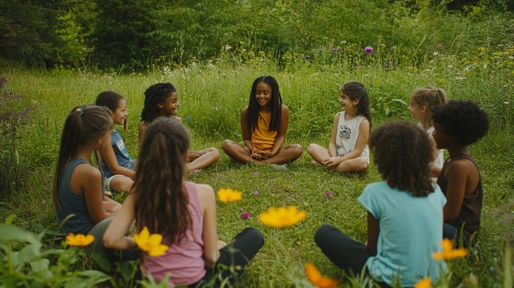Girls from AHG Troop SC4224 sitting together outdoors